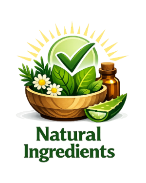 Logo with natural ingredients including aloe vera, leaves, and a bottle, with 'Natural Ingredients' text below.