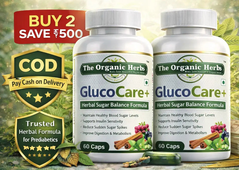 Two bottles of GlucoCare+ Herbal Sugar Balance Formula with promotional text on a natural background.