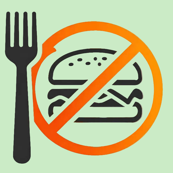 Icon of a fork with a crossed-out hamburger inside an orange circle on a white background