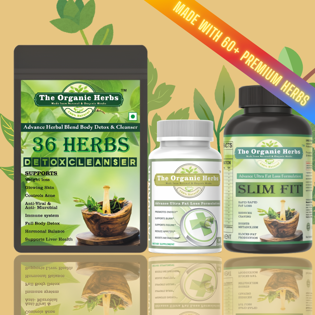 Collection of The Organic Herbs detox and slimming products on a beige background with green leaves.