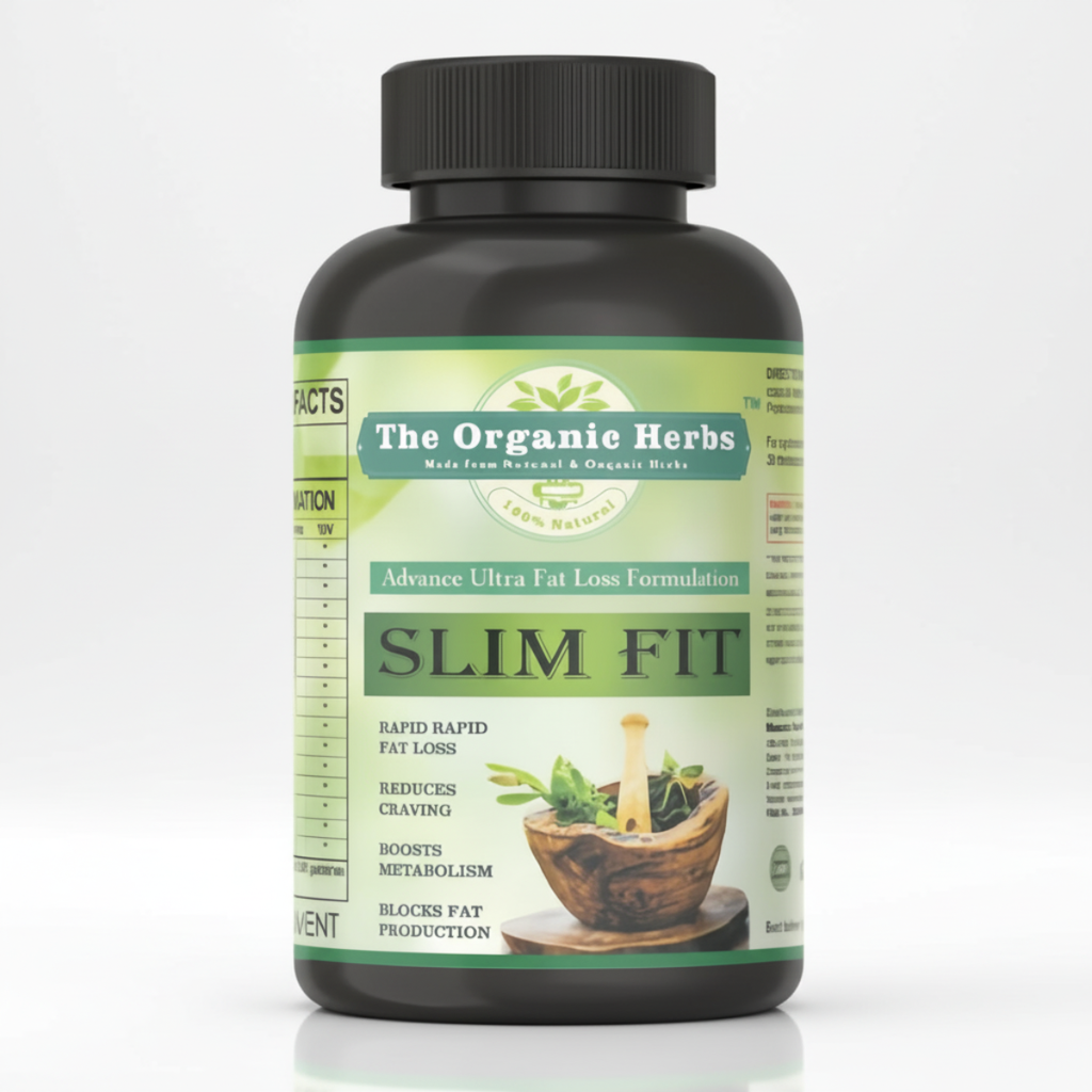 Bottle of 'Slim Fit' from 'The Organic Herbs' on a white background