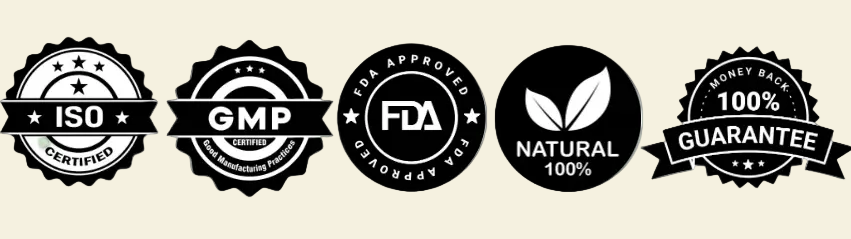 Set of black certification logos on a white background