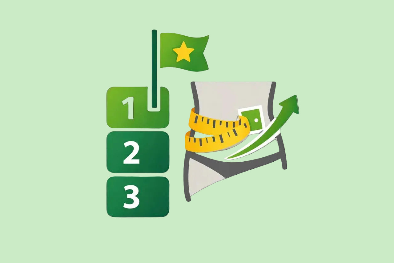 Icon of a weight scale with a measuring tape, green flags, and numbers on a white background
