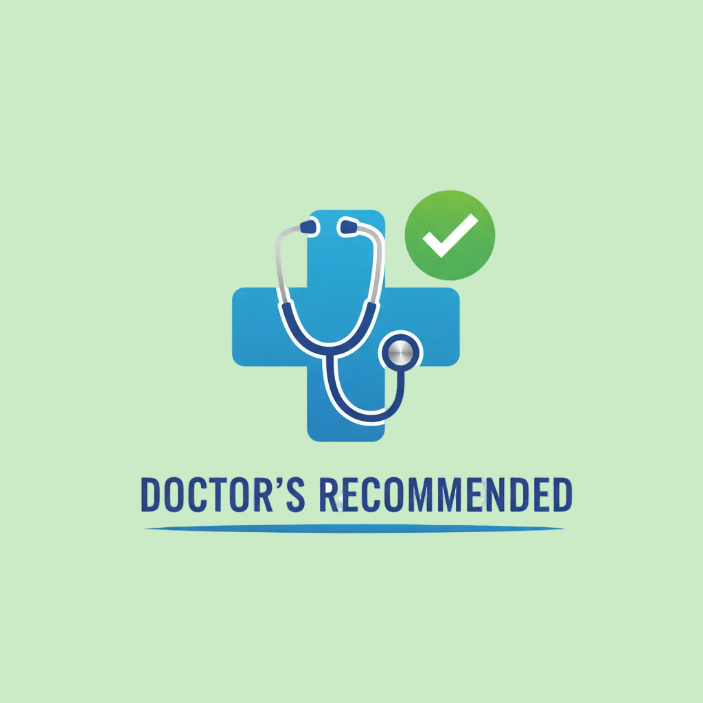 Logo with a stethoscope, cross, and check mark on a white background, indicating 'Doctor's Recommended'.