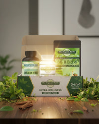 Ultra Wellness Combo Pack with bottles and packaging on a wooden surface with plants.